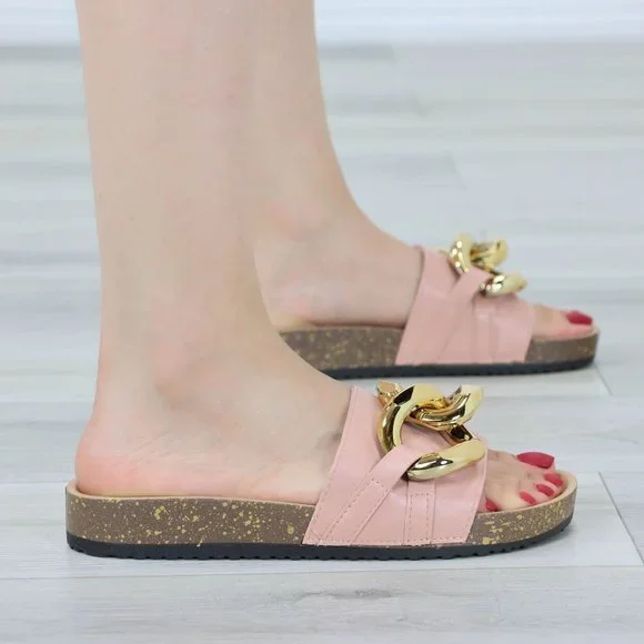 Pink Flat Slip On Sliders Sandal Trendy Comfort Lightweight Blush and Gold - Picture 7 of 11